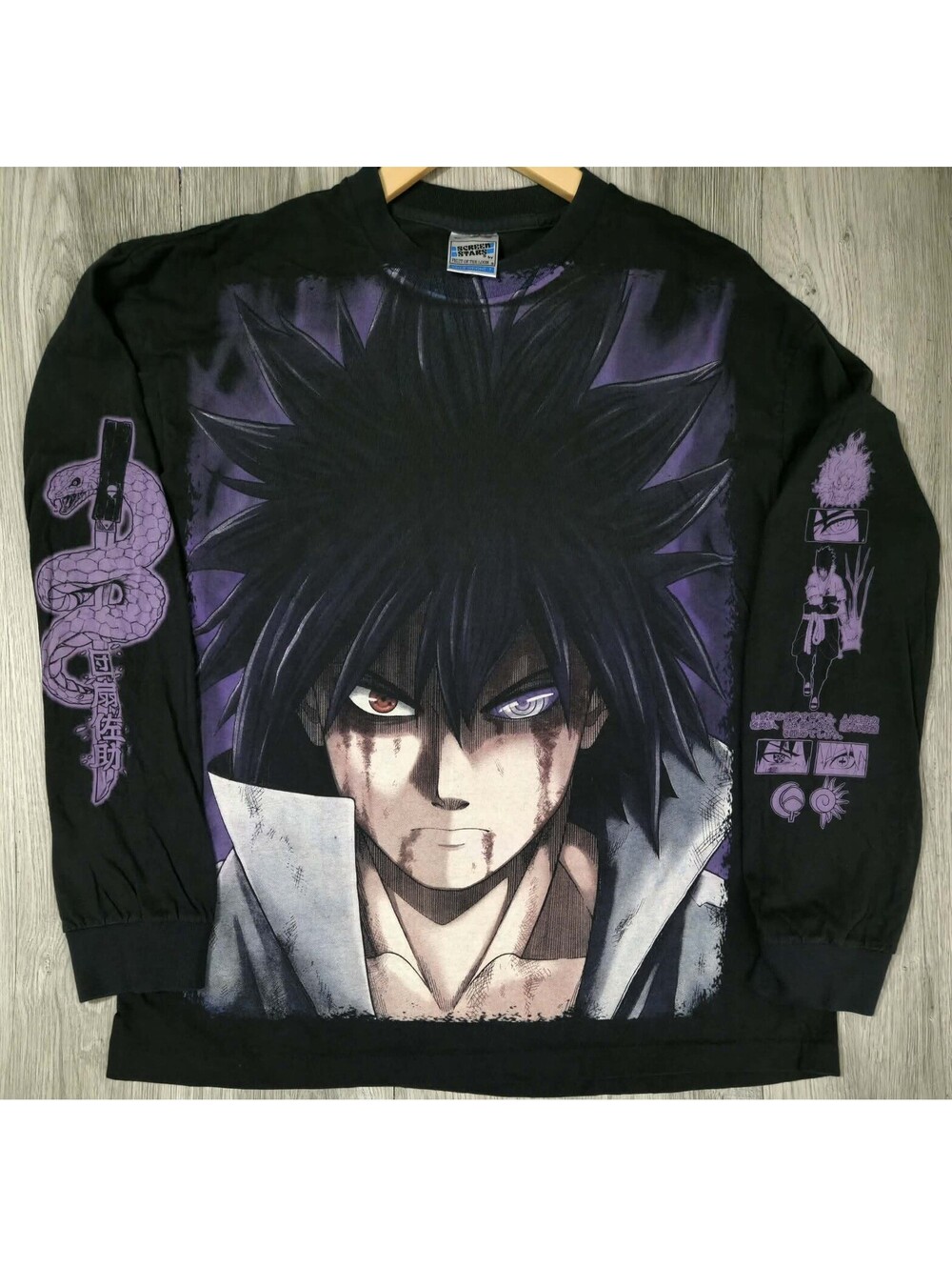 Naruto Sasuke Uchiha Mega Print Long Sleeve Shirt XL Screen Stars Anime Tee